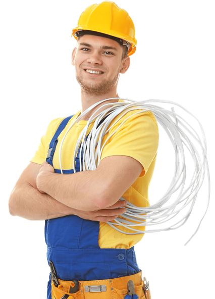 a man wearing a hard hat and overalls is holding a roll of wires .