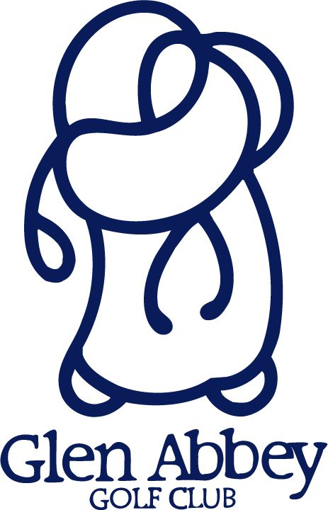 The logo for glen abbey golf club is a blue swirl