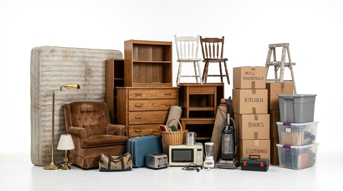 Assorted moving boxes and furniture stacked in a storage room with ladder, lamps, and crates