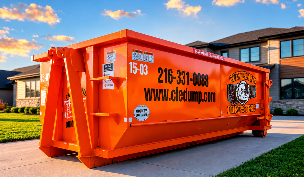 Orange dumpster container with company logo and phone number parked in a driveway by a house