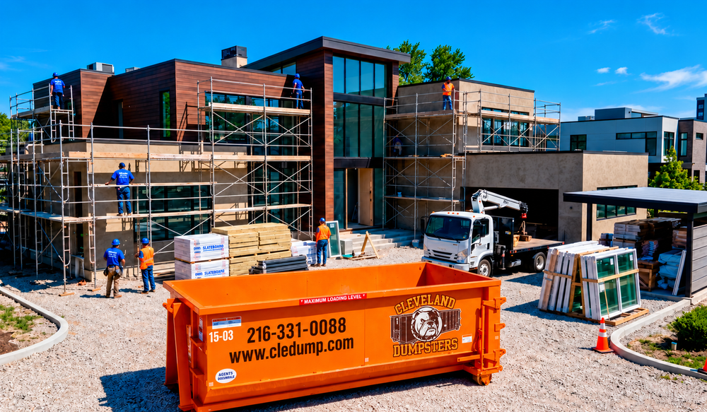 Construction site with scaffolding around a modern building and an orange dumpster in front