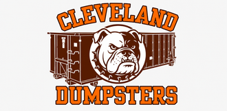 Cleveland Dumpsters logo with orange text and a bulldog head between two dumpsters
