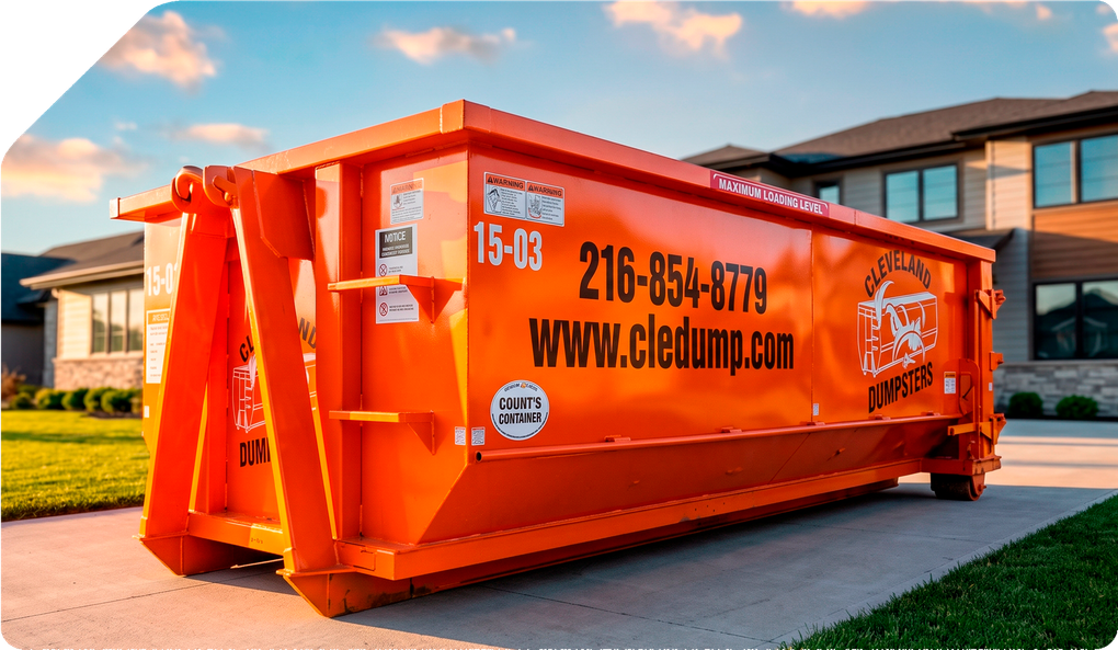 Orange dumpster container with company logo and phone number parked in a driveway by a house