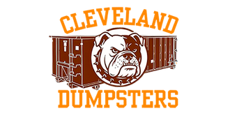 Cleveland Dumpsters logo with orange text and a bulldog head between two dumpsters