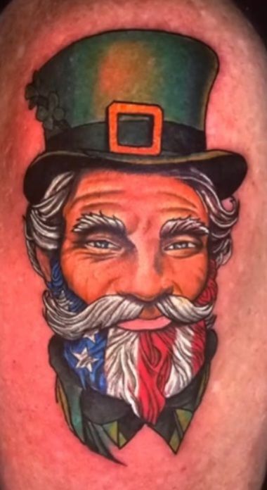 Leprechaun portrait with an American flag beard, wearing a green top hat.