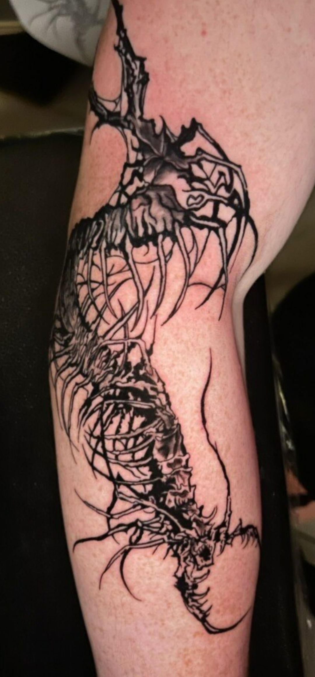Black dragon tattoo wrapped around a forearm with detailed wings and a curled tail