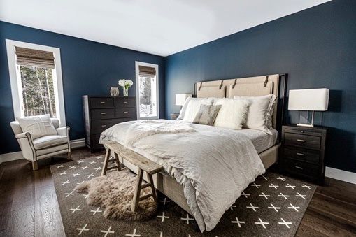 Modern bedroom with navy walls, a large bed, dark wood furniture, and a patterned rug.