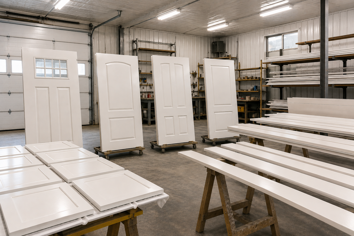 Painted cabinet doors and white panels drying in a workshop, with shelves and tables in the background