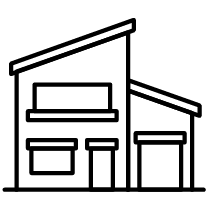 Black line drawing of a house facade with a slanted roof, windows, and a front door
