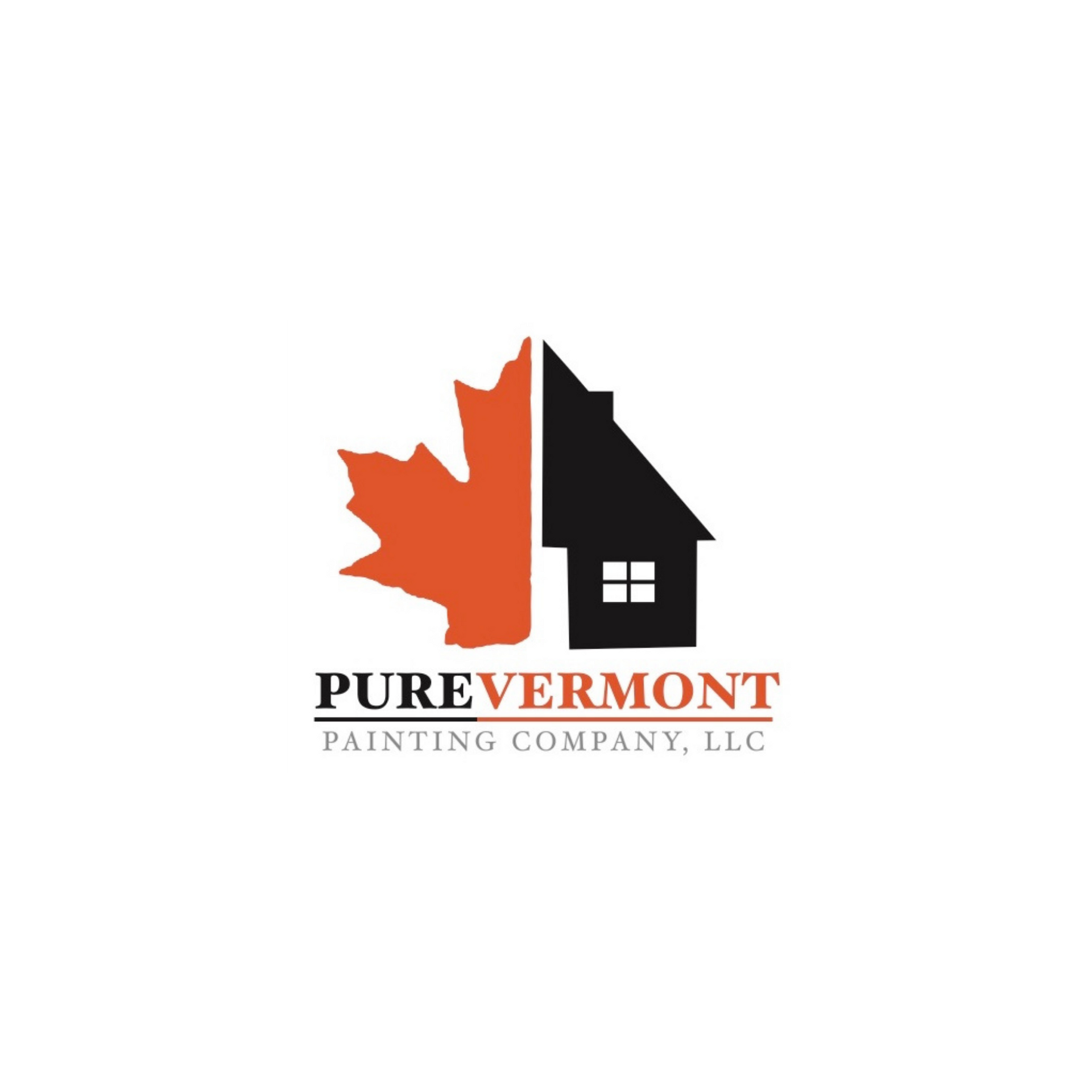 Pure Vermont Painting Company, LLC logo with an orange maple leaf and black house silhouette.