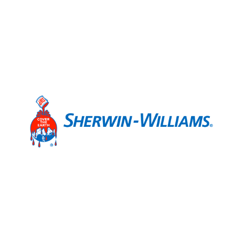 Sherwin-Williams logo with blue text and a red paint can pouring over the globe icon