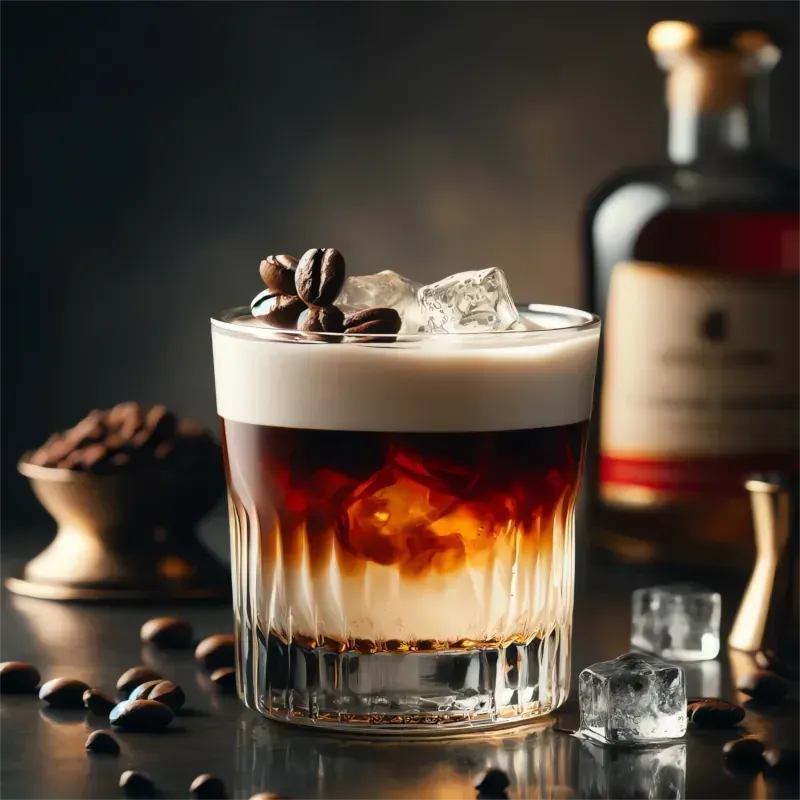 Cocktail in einem Glas mit Kaffeebohnen und Eis, im Hintergrund eine Flasche.
