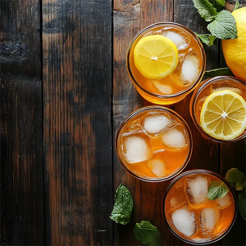 Vier Gläser Longdrinks mit Zitronenscheiben und Eiswürfeln auf einem Holztisch.