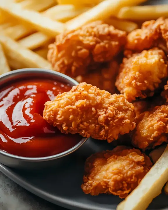 Chicken Nuggets mit Pommes frites und Ketchup.