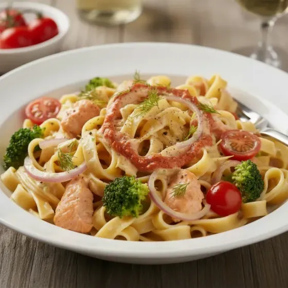 Pastagericht mit Lachs, Brokkoli, Tomaten und roten Zwiebeln.