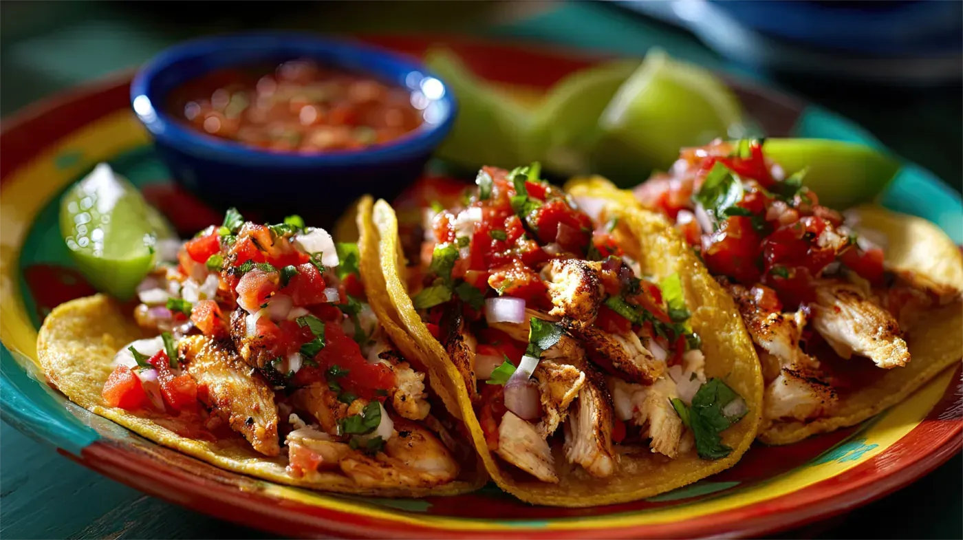 Drei Hühnchen-Tacos mit Salsa und Limettenvierteln auf einem bunten Teller.