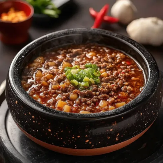 Eine Schüssel dampfenden Chili con Carne, garniert mit Frühlingszwiebeln.