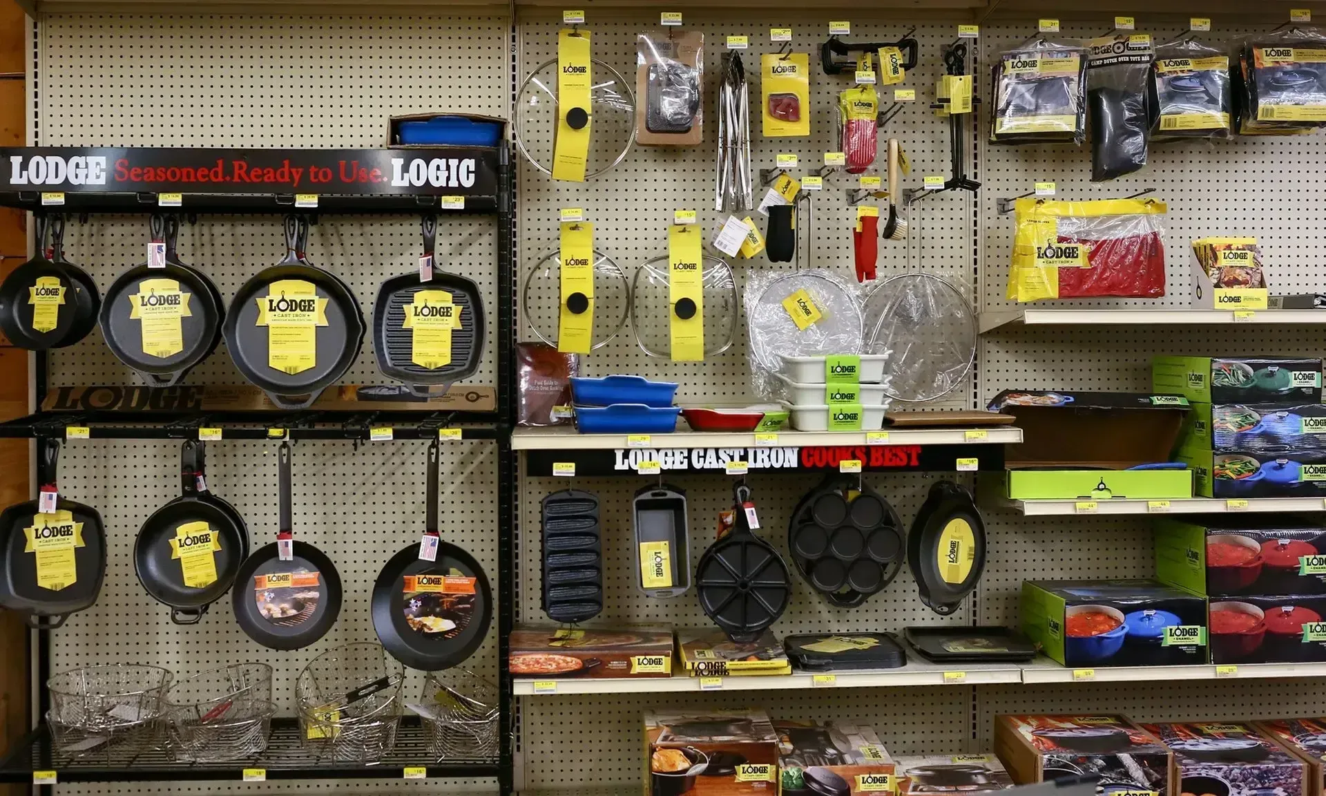 A store shelf with a sign that says lodge on it