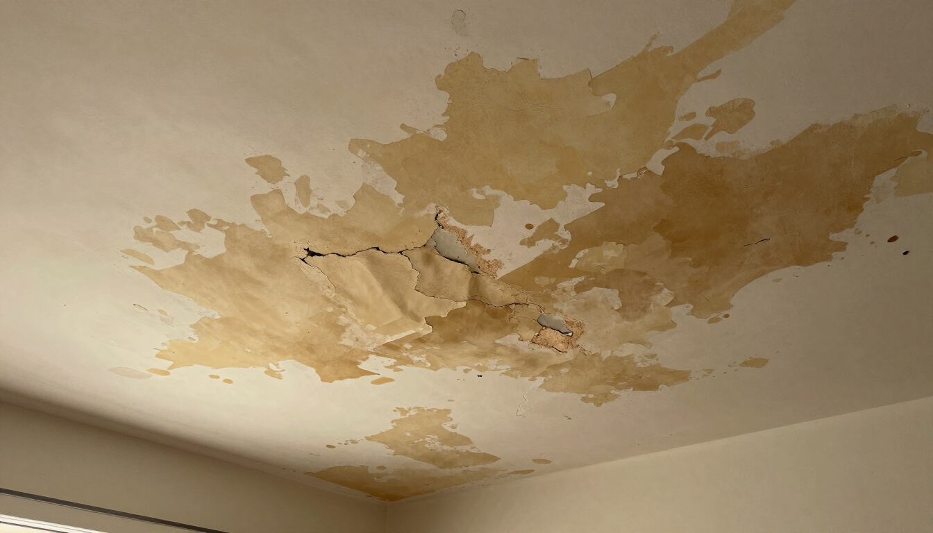 Interior water stains on a ceiling from a leaky roof
