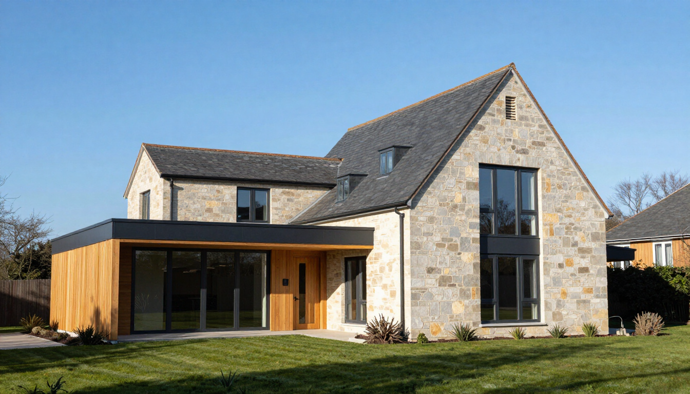 Comparison of flat and pitched roofing styles on a residential building.