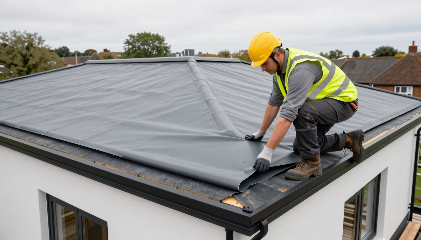 Roofer installing EPDM flat roof