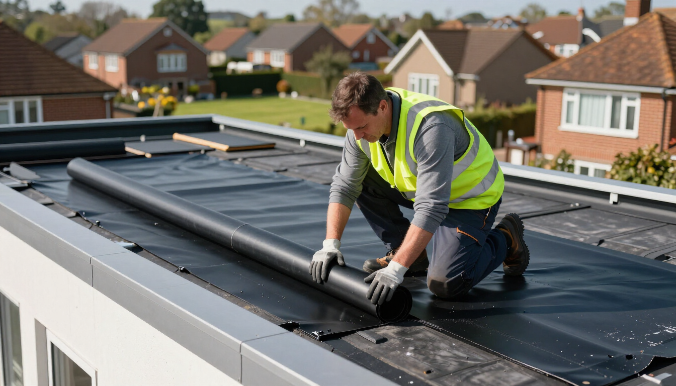 Professional roofer installing EPDM