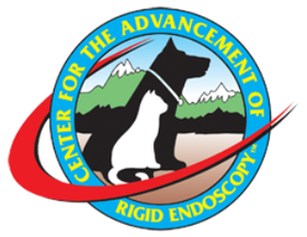 Logo: dog and cat silhouette, mountains, red and blue arc, text