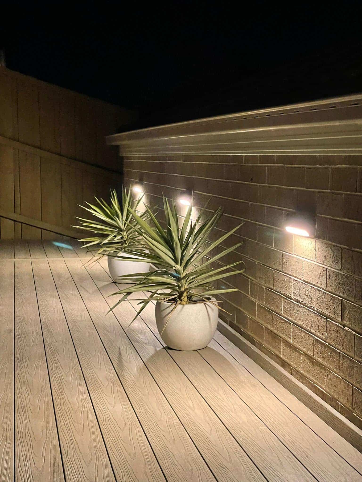 Nighttime Wooden Deck With Potted Spiky Plants Along a Brick Wall Lit by Wall Lights — SparkSafe Electrical in Bulli, NSW