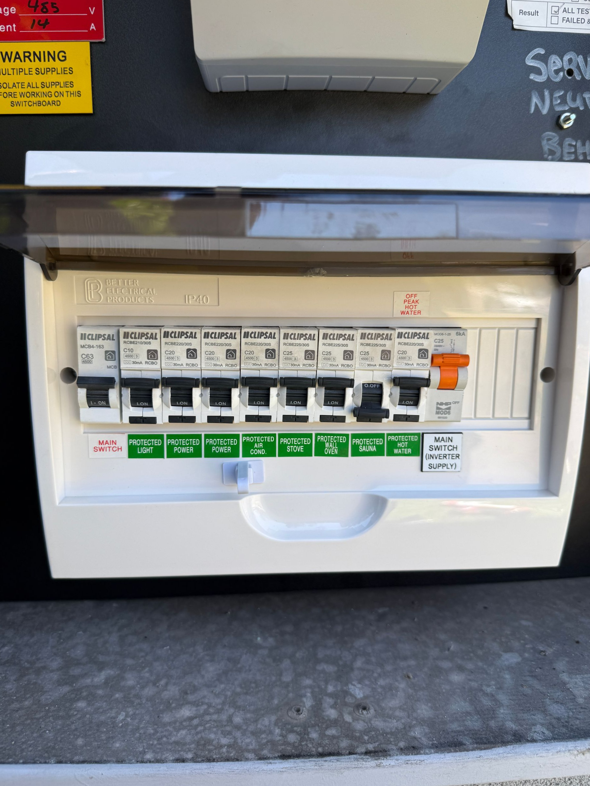 White electrical fuse box with several switches and labels — SparkSafe Electrical in Dapto, NSW