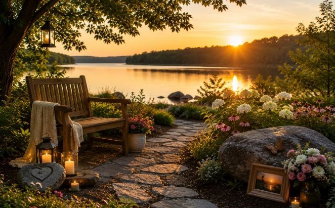 a bench, and a framed photo, reflecting comfort and remembrance for cremation service Windham, ME