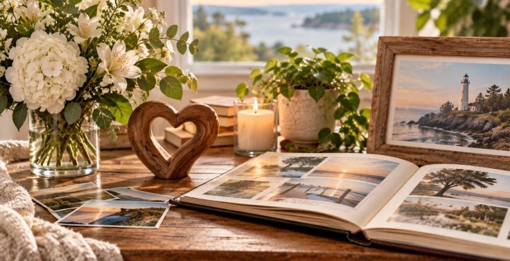 Cremation service Biddeford, ME reflected through a memory album, flowers, and meaningful keepsakes