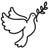 A black and white drawing of a dove holding an olive branch.