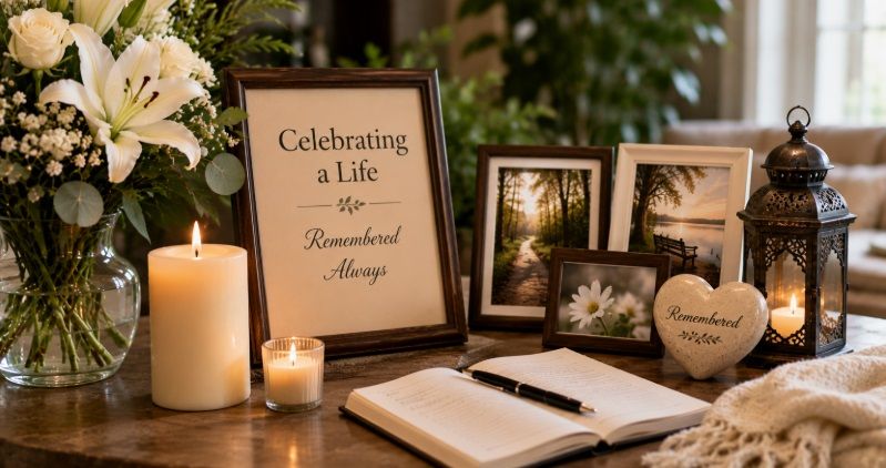 Memorial display for cremation service Biddeford, ME with flowers, candles, framed photos,