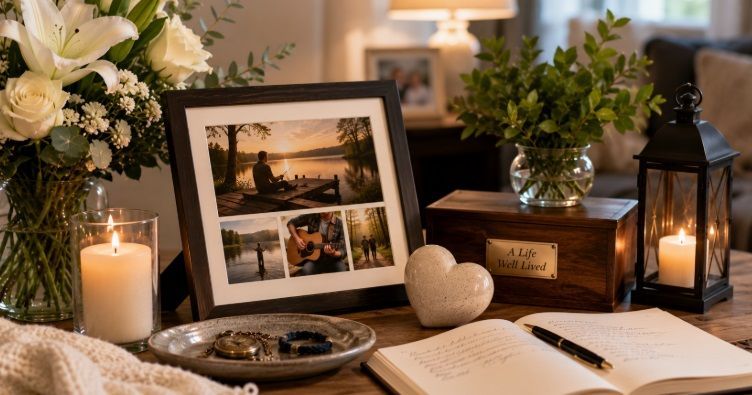 Memorial display for cremation service Scarborough, ME with flowers, candles, framed photos