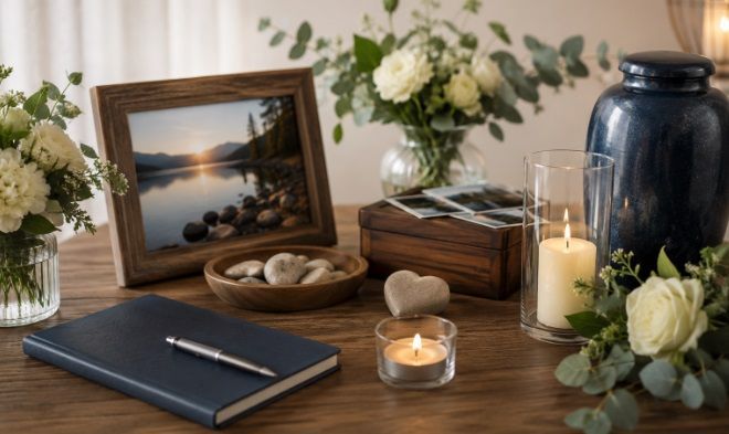 Memorial display with flowers, candles, keepsakes, and an urn for cremation service Windham, ME