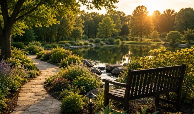 memorial garden with a winding stone path and tranquil pond for cremation service Portland, ME