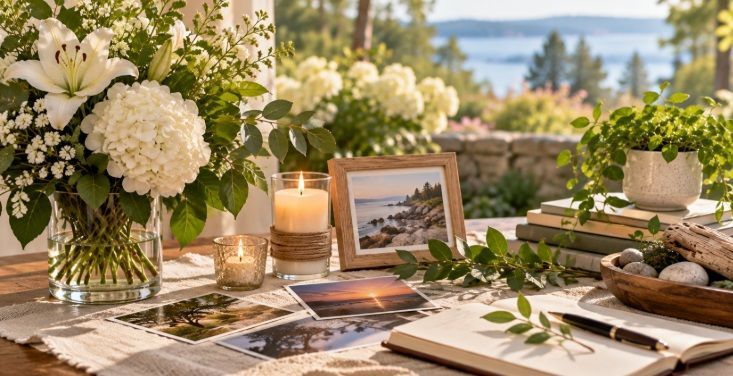 Personalized cremation service Scarborough, ME remembrance setting with flowers, photographs, candle