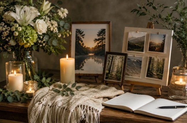 Personalized memorial setting for cremation service Portland, ME.