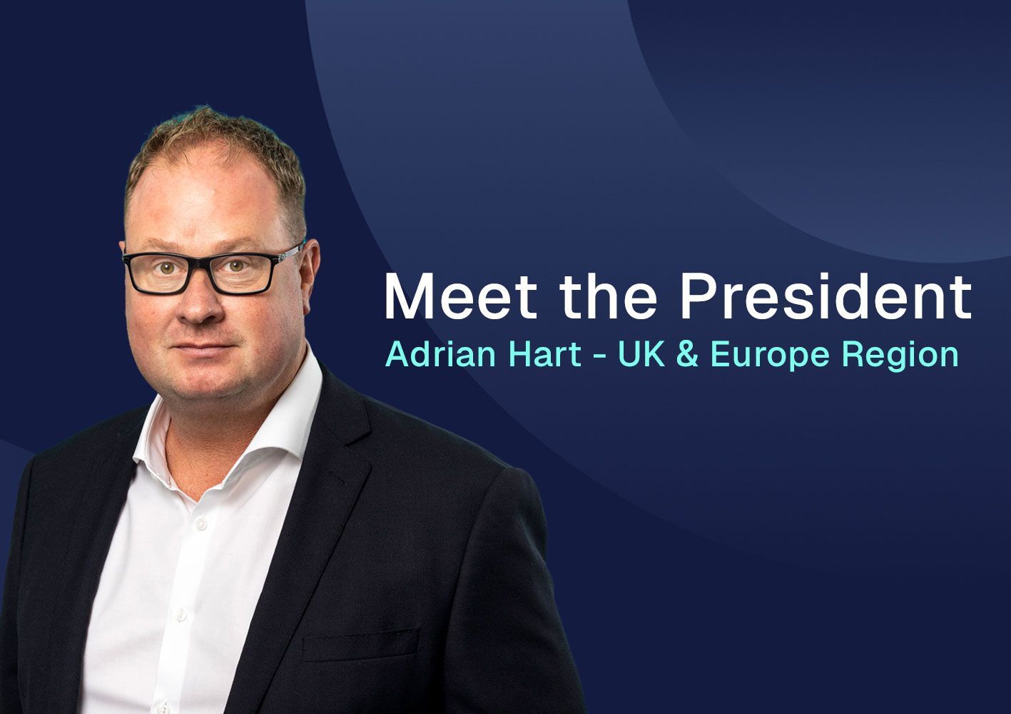 Portrait of Adrian Hart beside text “Meet the President,” on a blue background