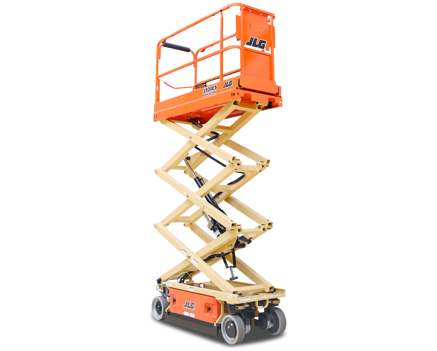 Orange and beige scissor lift extended upward.