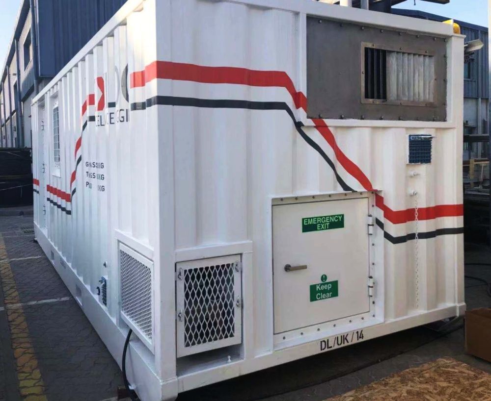 White container with red/black stripes, emergency exit door, and ventilation grilles.
