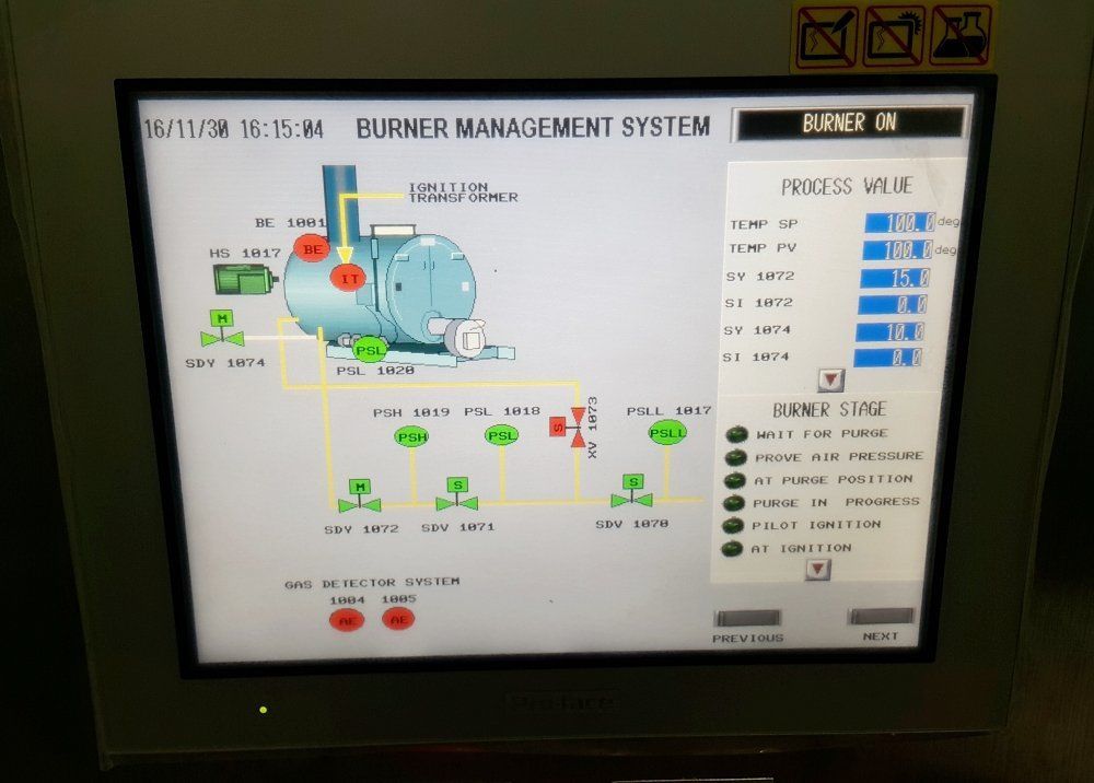 Industrial control screen showing a burner management system with schematic diagrams and status indicators