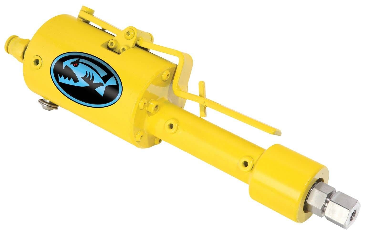 Yellow Centurion Subsea Services hydraulic cylinder with black logo and silver connector on a white background