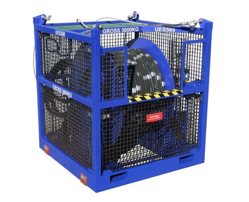 Centurion Blue industrial metal cage holding a coiled black hose or cable reel