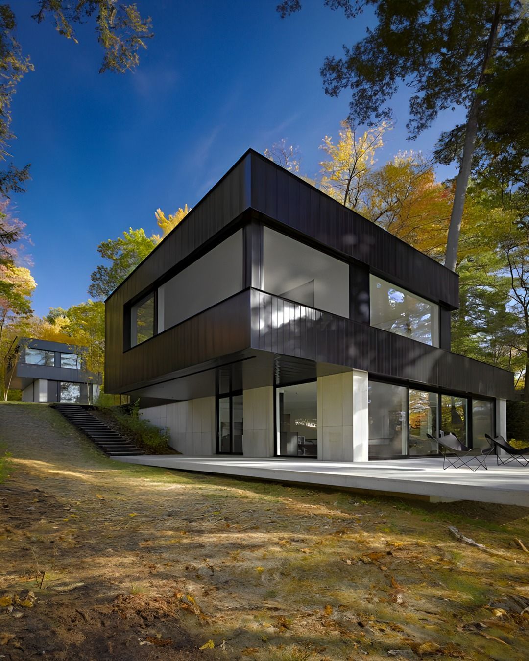 Modern black house with large windows in a wooded area, surrounded by trees with colorful fall foliage.