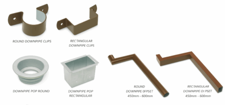 Various brown and silver gutter components: cups, downpipe outlets, and offset pieces.