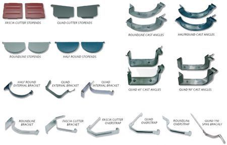 Various gutter components displayed, including cutters, brackets, and angle pieces.