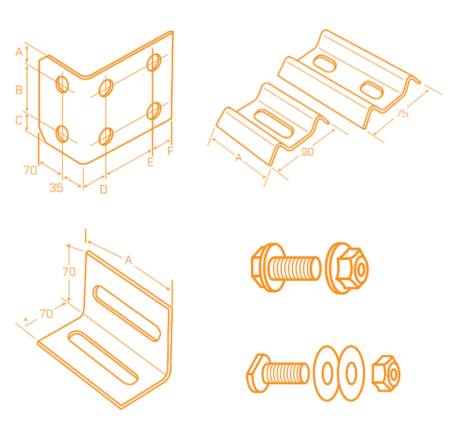 Engineering diagrams: metal brackets, bolts, and nuts; detailed views with measurements.