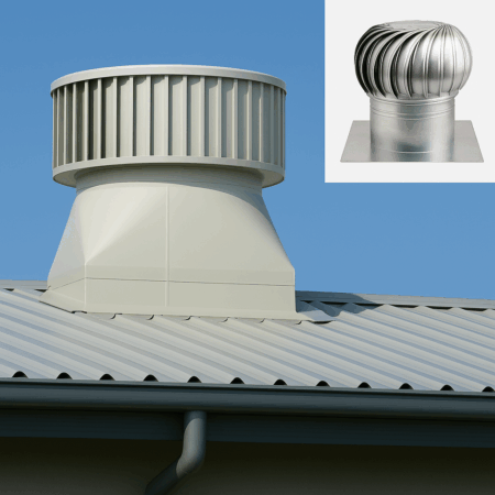 Large white roof turbine ventilator on a metal roof with a smaller inset image of the turbine.