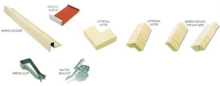 Various gutter components, including a fascia cover, internal and external mitres, spring clips, and rafter brackets.